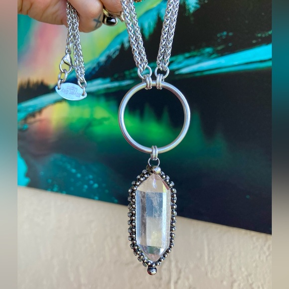 Double chain big Natural Crystal quartz black electroplated boho goth necklace - Picture 13 of 15